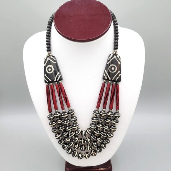 Multi Row Boho Tribal Necklace Black and White Stones Red Tube Beads Vintage - Picture 1 of 8